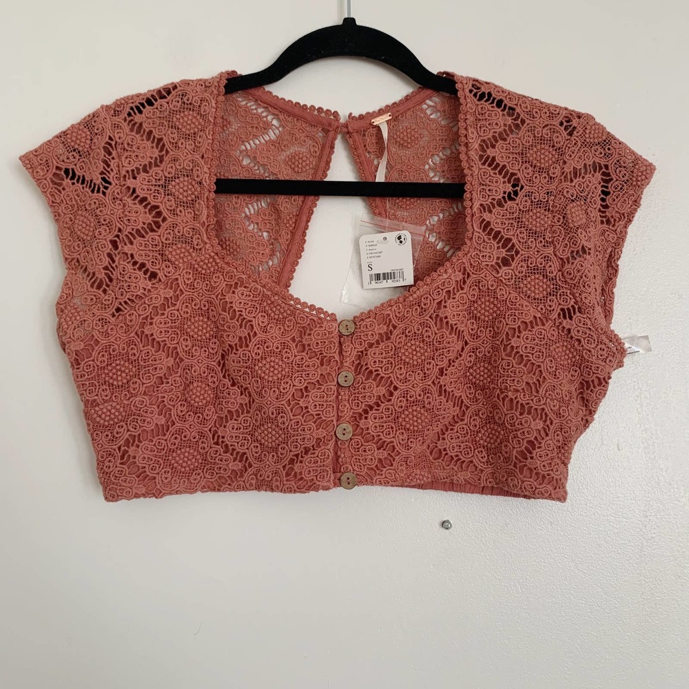 Mauve Free People Lace Button Up Crop Top S